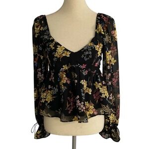Abercrombie‎ & Fitch Blouse Women's Small Black Floral Smocked Peplum Boho Top